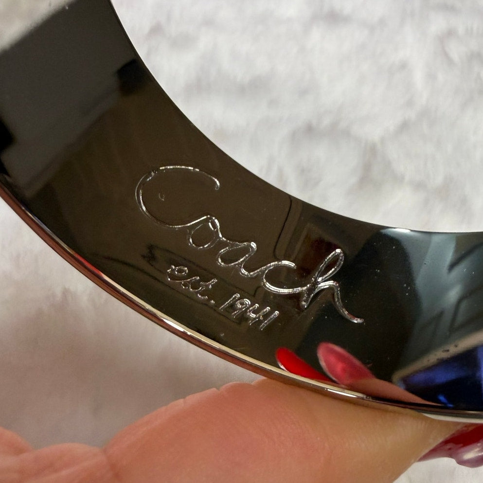 Coach Ivory Silver Cursive Logo Enamel Metal Studded Bangle Bracelet