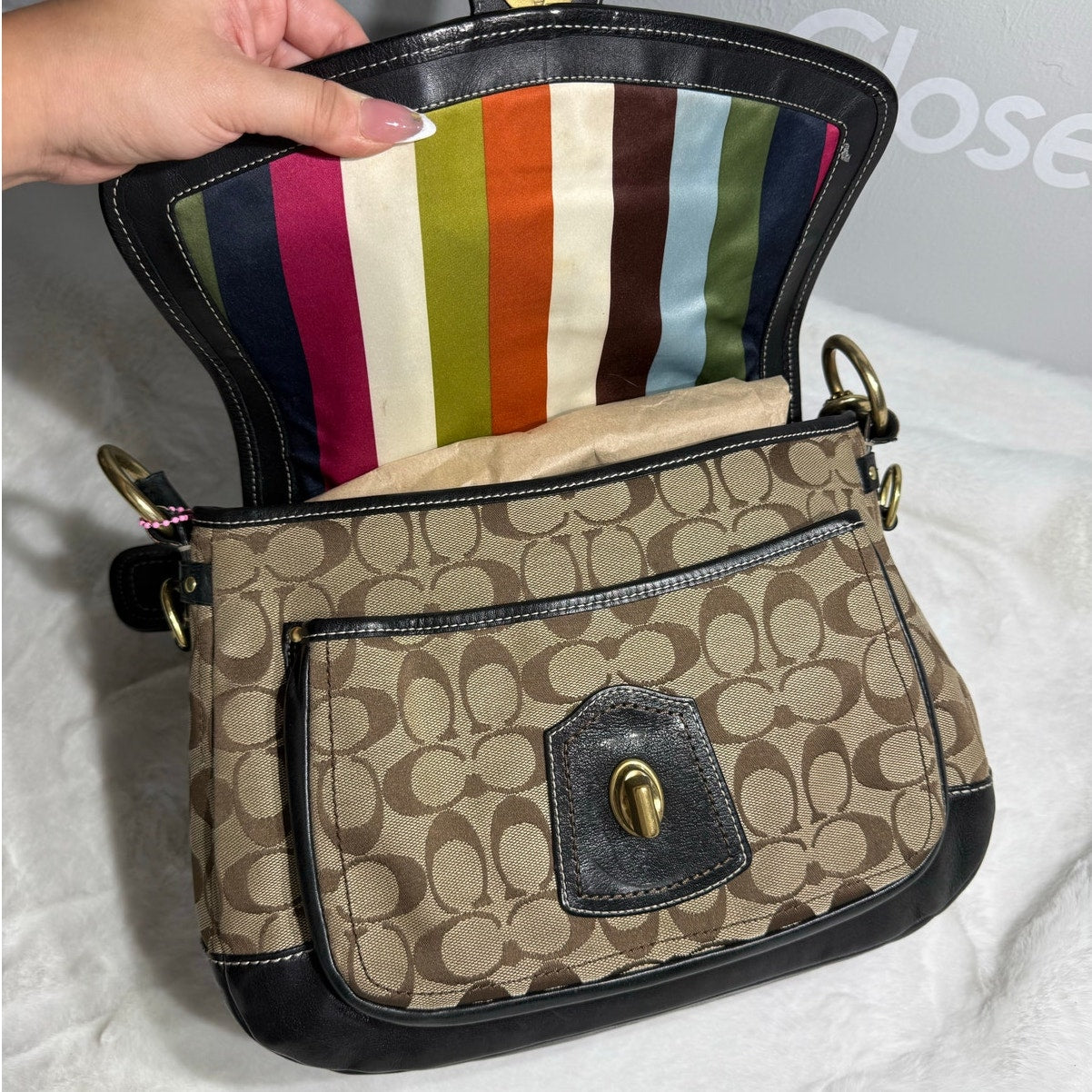 y2k COACH Vintage Black Brown Khaki Signature Legacy Flip Turnlock