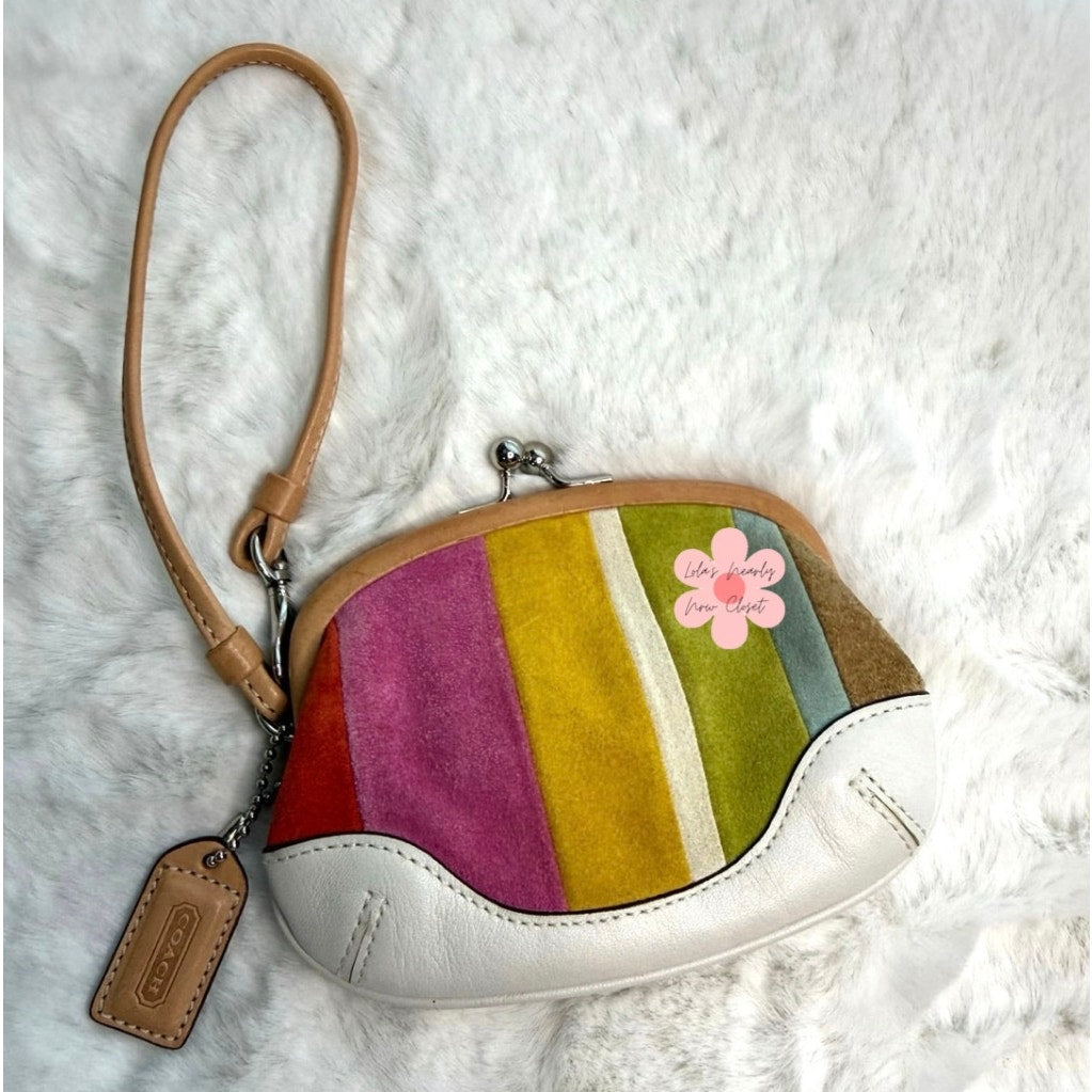 y2k Coach Vintage Striped Kisslock Suede & Leather Wristlet
