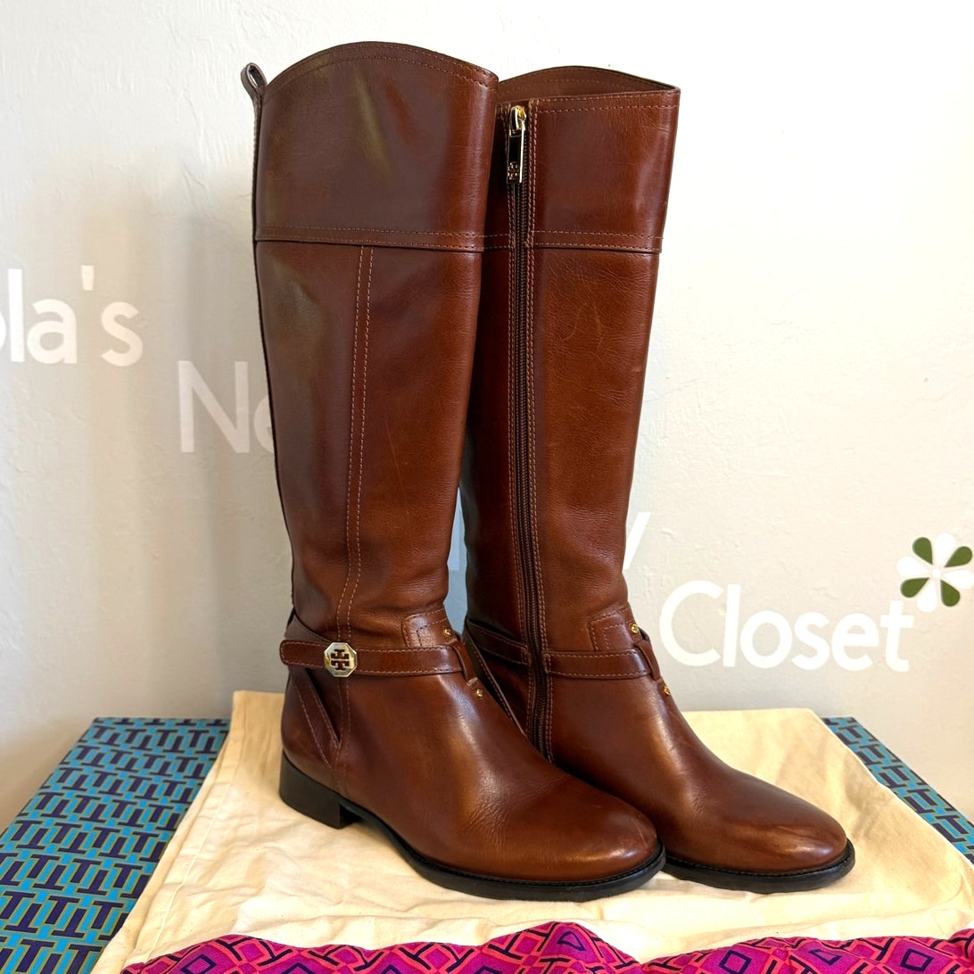 Tory Burch BRITA Riding Boot, Sienna Brown Leather Wmns Sz US6M, MSRP$495