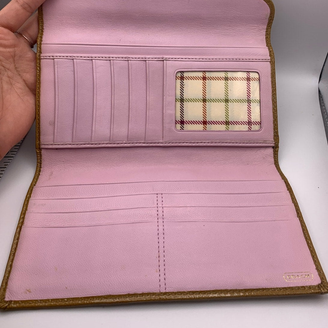 y2k COACH Brown Tan Legacy Signature Canvas Patent Leather Wallet