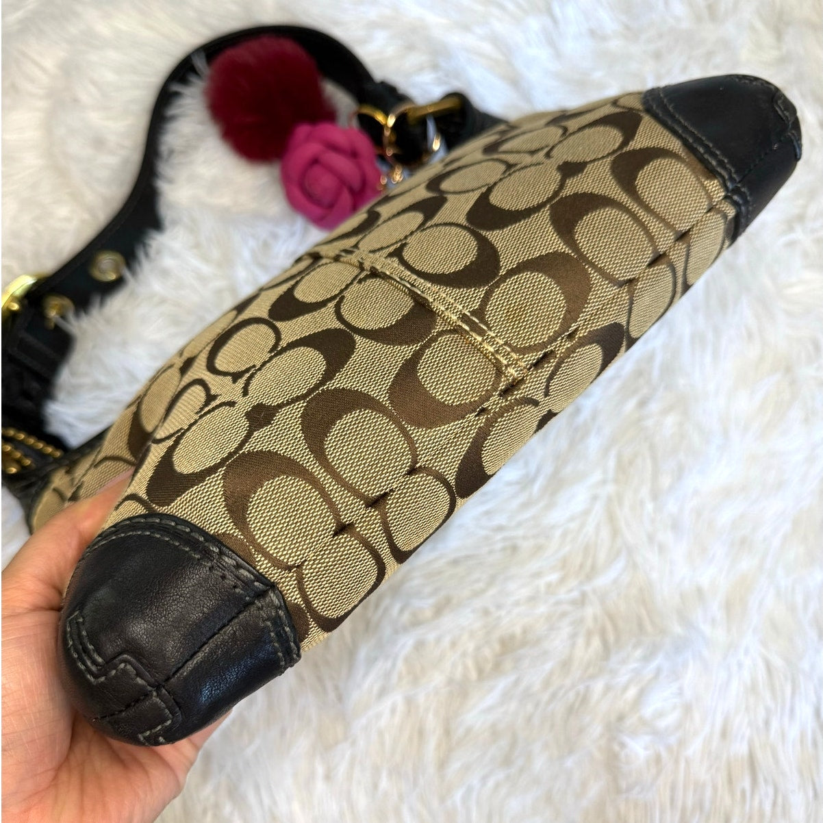 y2k COACH 2007 Black Brown Jacquard Hobo Signature Shoulder Bag