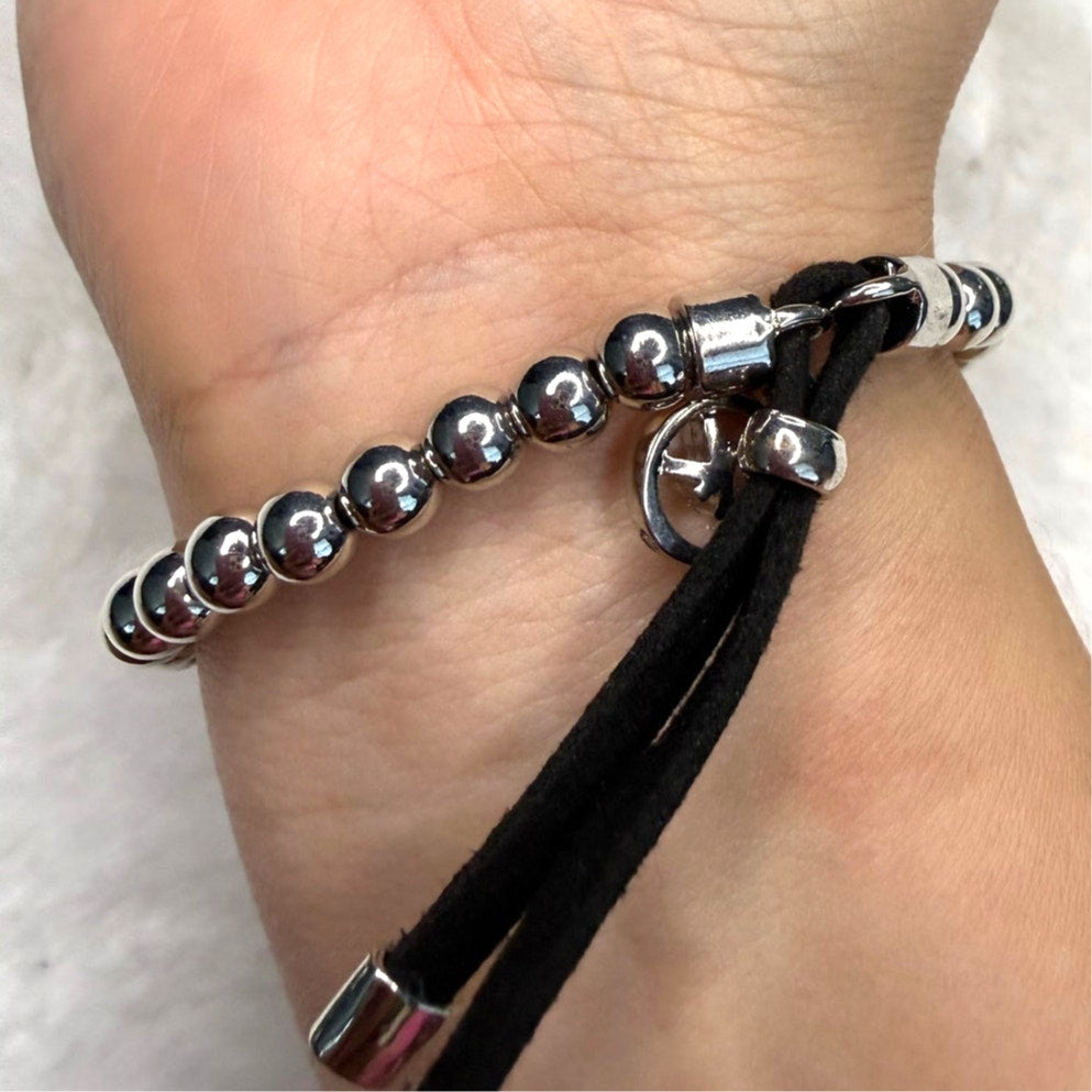 Michael Kors Silver Black Beaded Tag Bracelet
