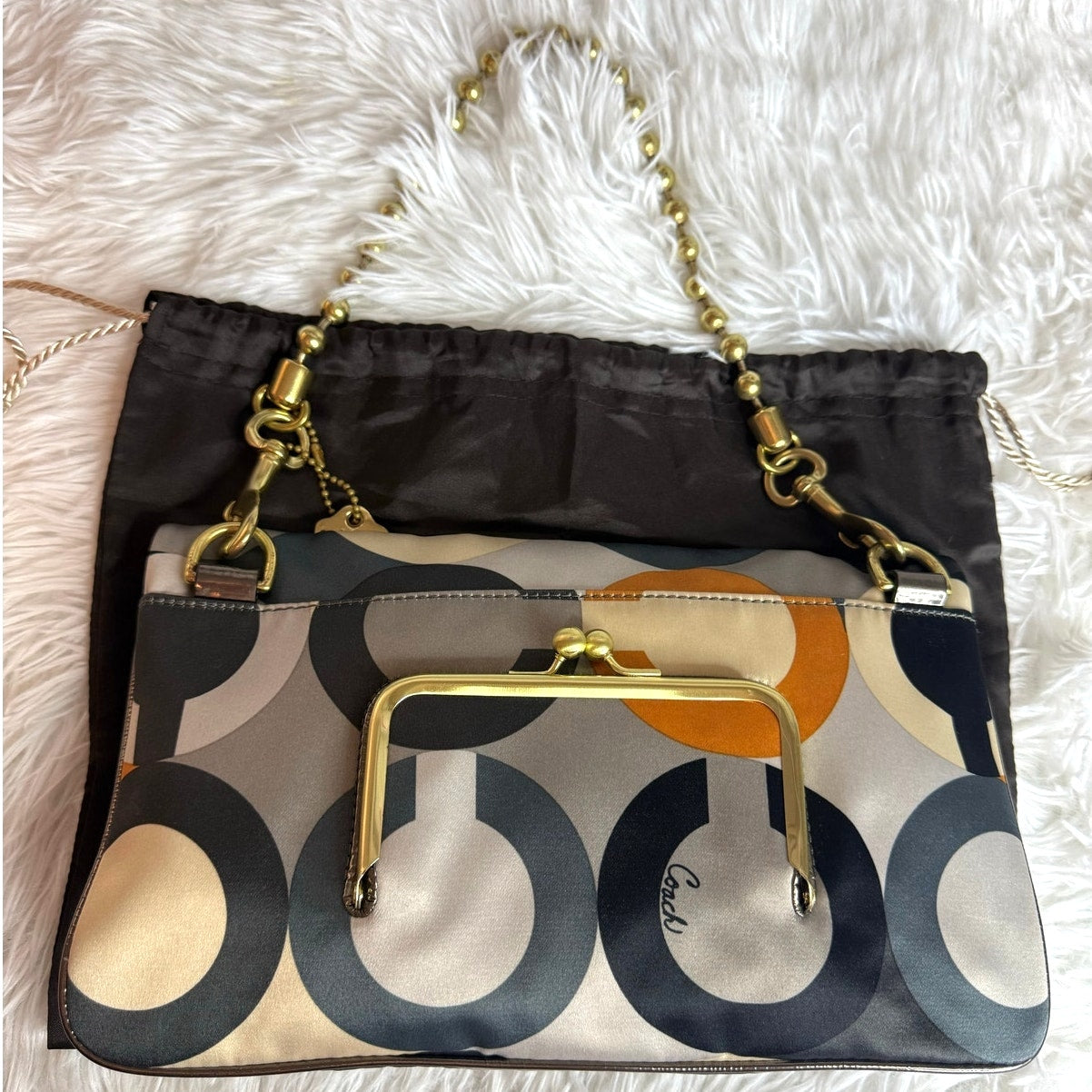 y2k COACH Kisslock Amanda Graphic Op Art Fold Over Clutch Satin Shoulder Bag
