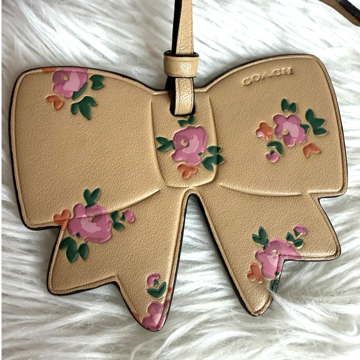 Coach Bow Floral Printed Tan Leather Bag Charm Fob