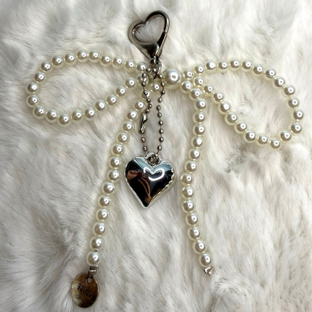 White Bowknot Heart Sweet Charm Pearl Bow Bag Charm Fashion Charm