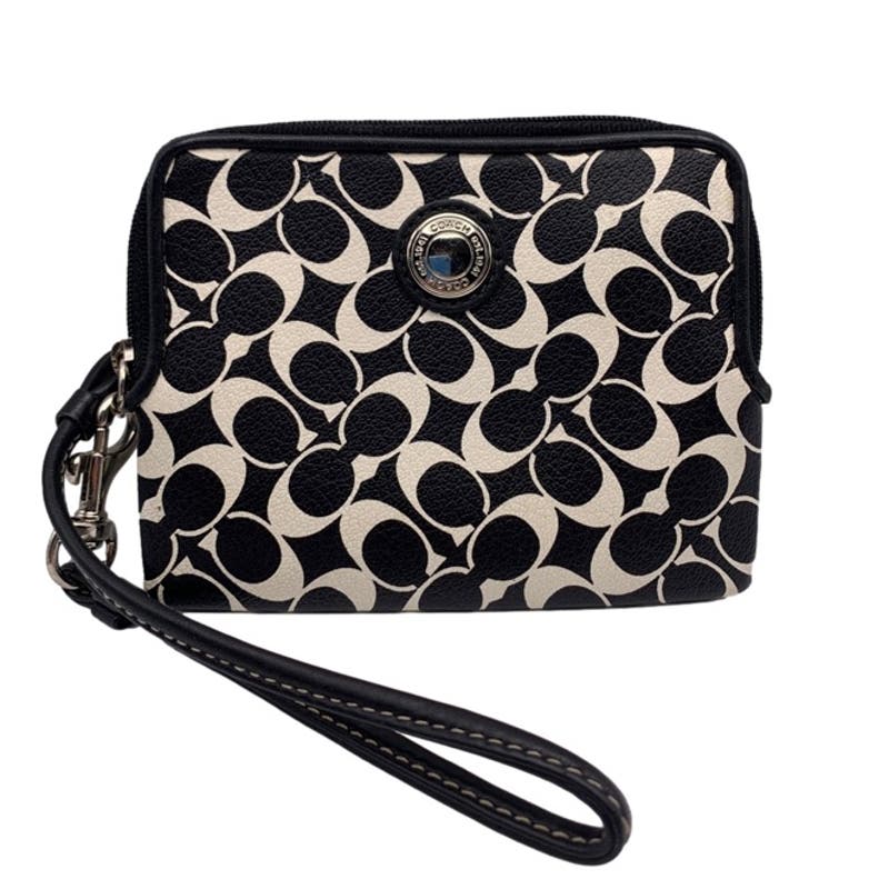 COACH Black White Signature Coated Canvas Wristlet