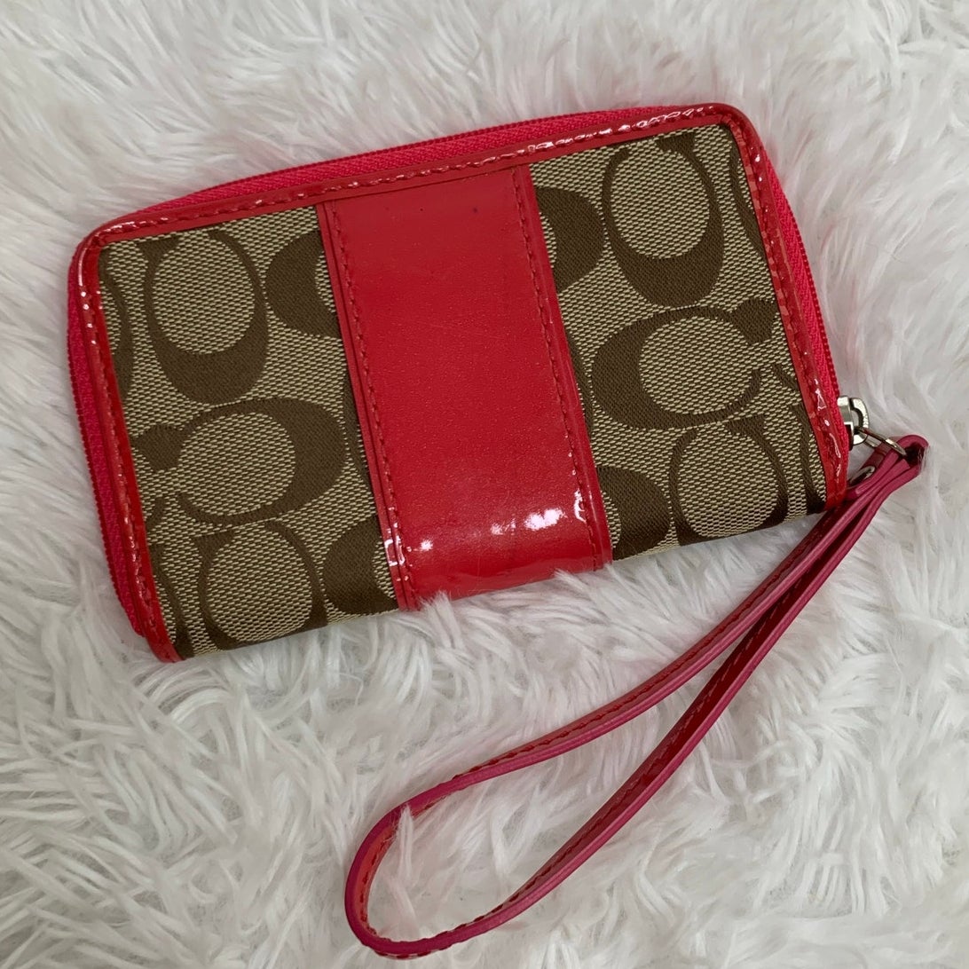 Coach Red Khaki Patent Leather Canvas Wallet
