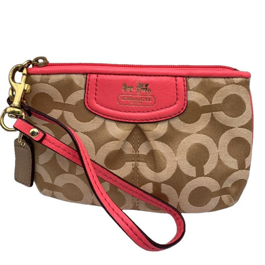 COACH Pink Tan Signature Canvas Wristlet