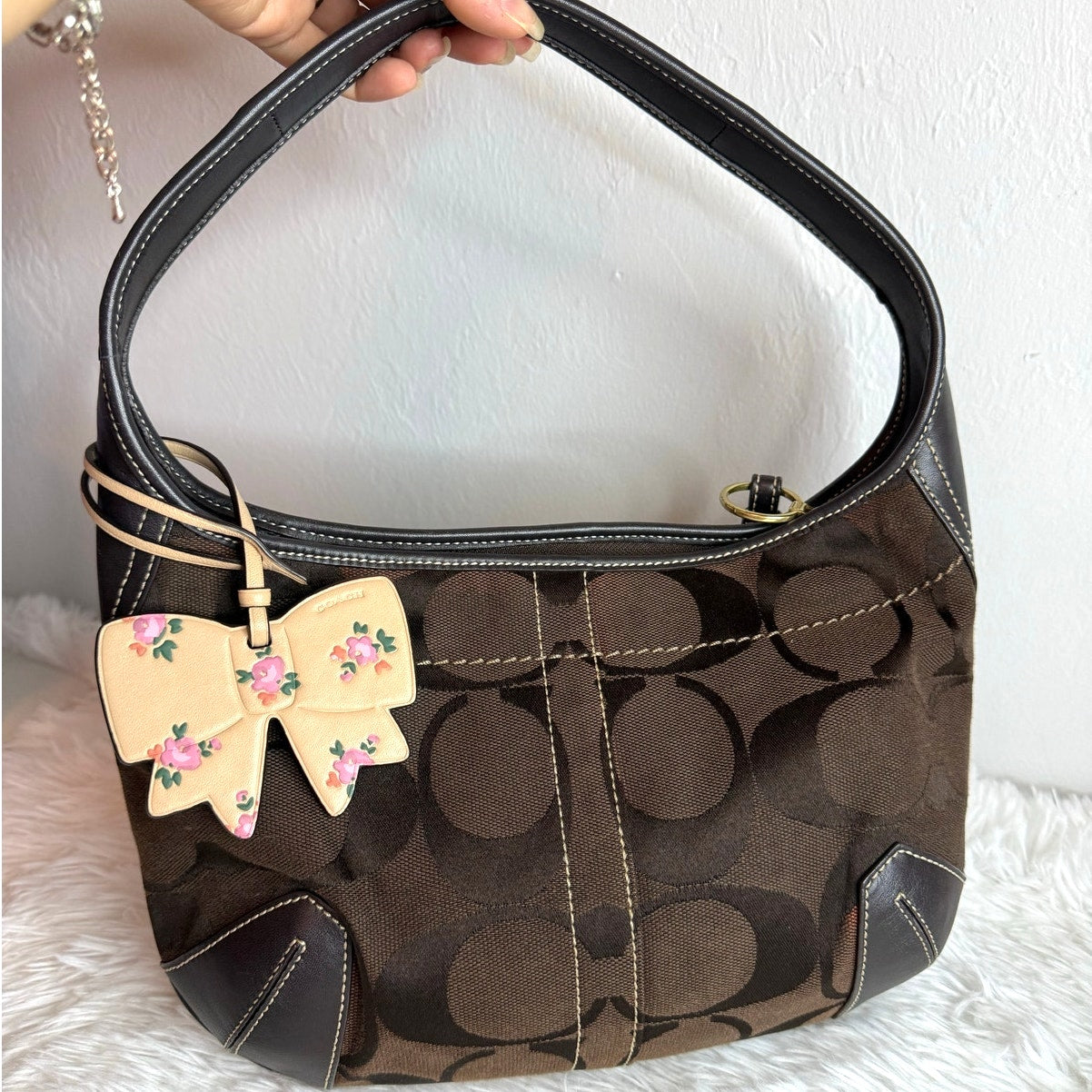 Coach Bow Floral Printed Tan Leather Bag Charm Fob