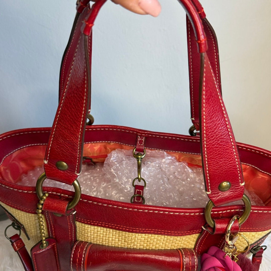 Vintage COACH y2k Red Natural Legacy Straw Tote Bag