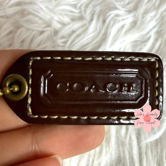 1.5" y2k COACH Brown Patent Leather Suede Fob Bag Charm Hang tag Hangtag