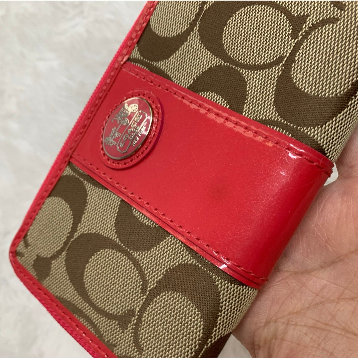 Coach Red Khaki Patent Leather Canvas Wallet
