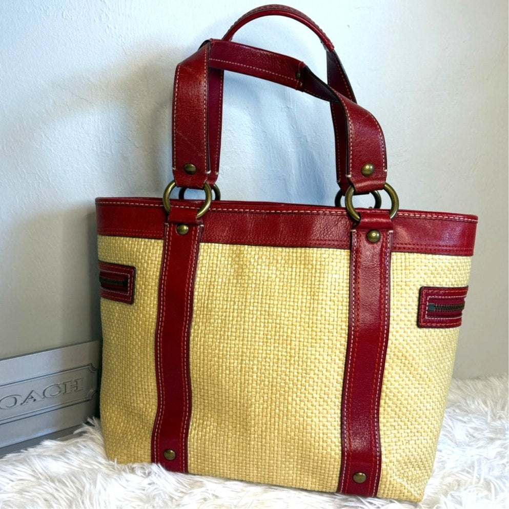 Vintage COACH y2k Red Natural Legacy Straw Tote Bag