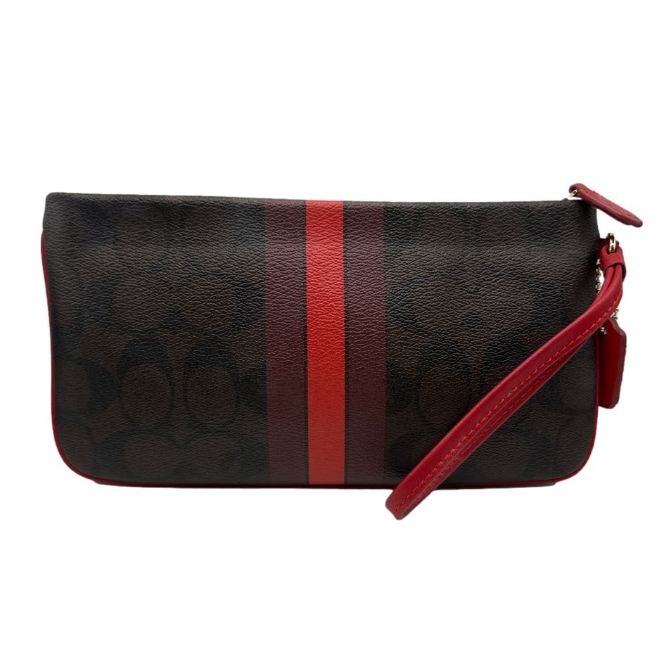 COACH Brown and Red Coated Canvas Wristlet with cardholder