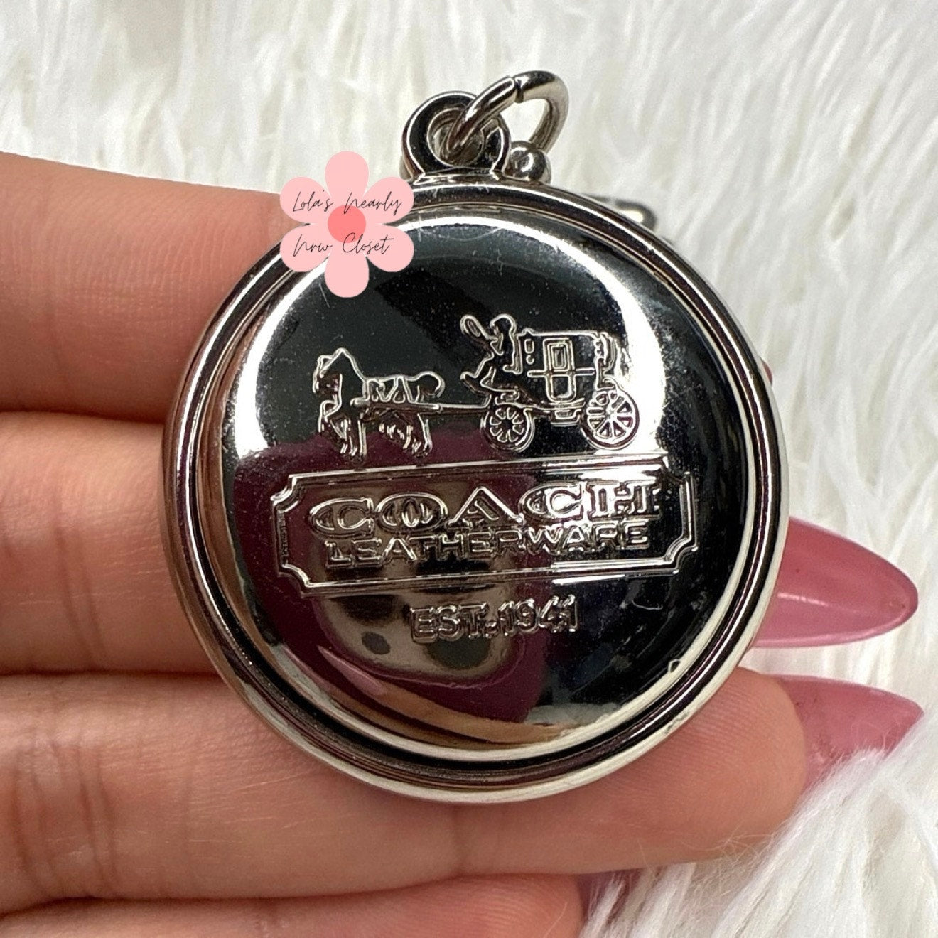RARE 1.5" Coach Circle Medallion Round Hang Tag Bag Charm Key Fob Silver Metal