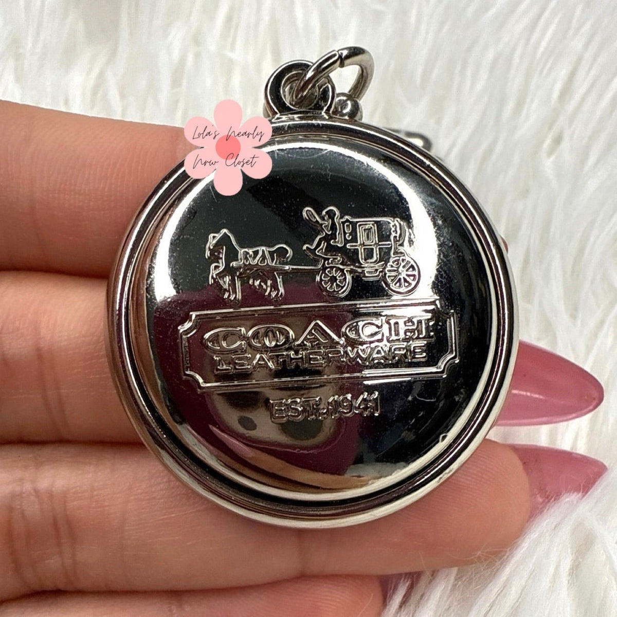 RARE 1.5" Coach Circle Medallion Round Hang Tag Bag Charm Key Fob Silver Metal
