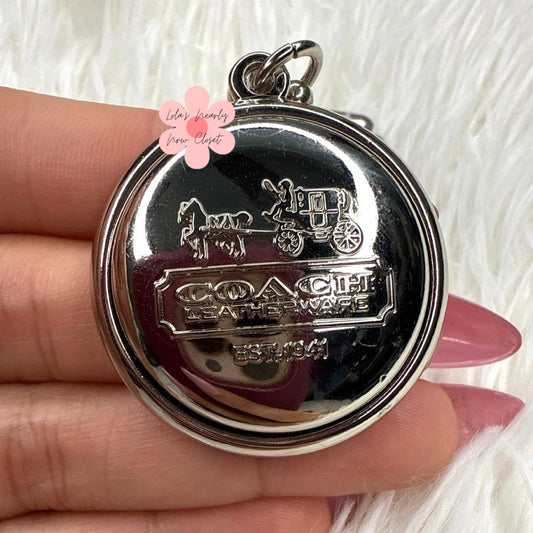 RARE 1.5" Coach Circle Medallion Round Hang Tag Bag Charm Key Fob Silver Metal