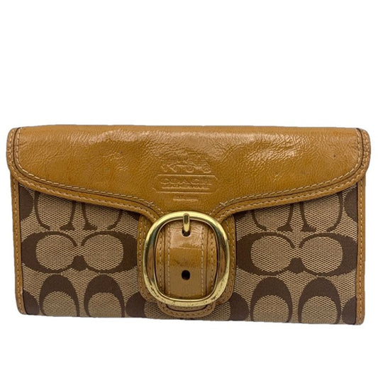 COACH Brown and Tan Signature Canvas Patent Leather Wallet