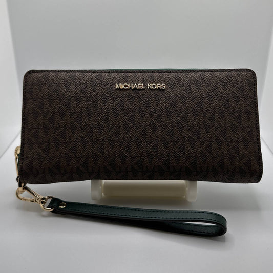 NWOT MICHAEL KORS Brown and Green Signature Jet Set Travel Continental Wallet