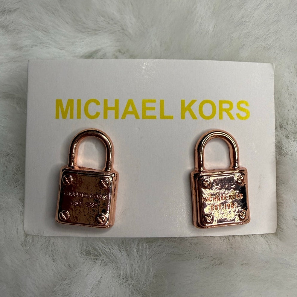 MICHAEL KORS Est 1981 Rose Gold-Tone Logo Padlock Stud Earrings