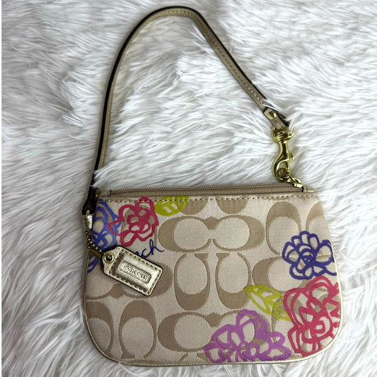 COACH Tan Gold Floral Signature Canvas Wristlet