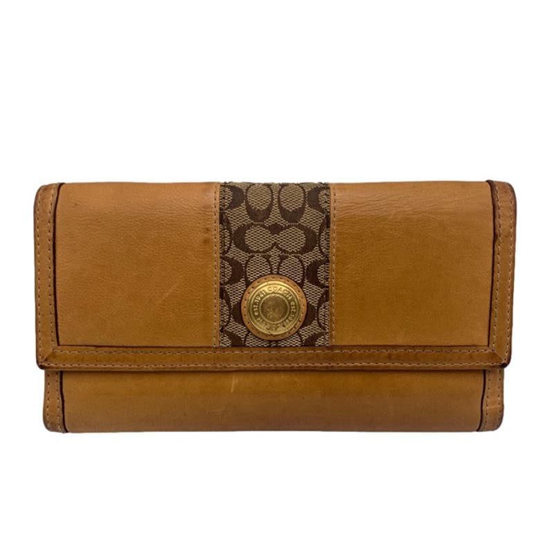 COACH Brown Leather Canvas Wallet with Checkbook Holder