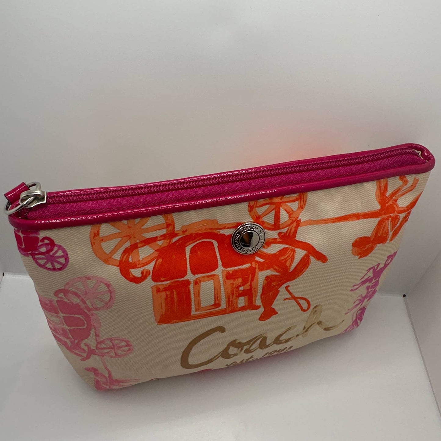 COACH Horse Carriage Fuchsia, Cream, and Orange Makeup Bag / Pouch