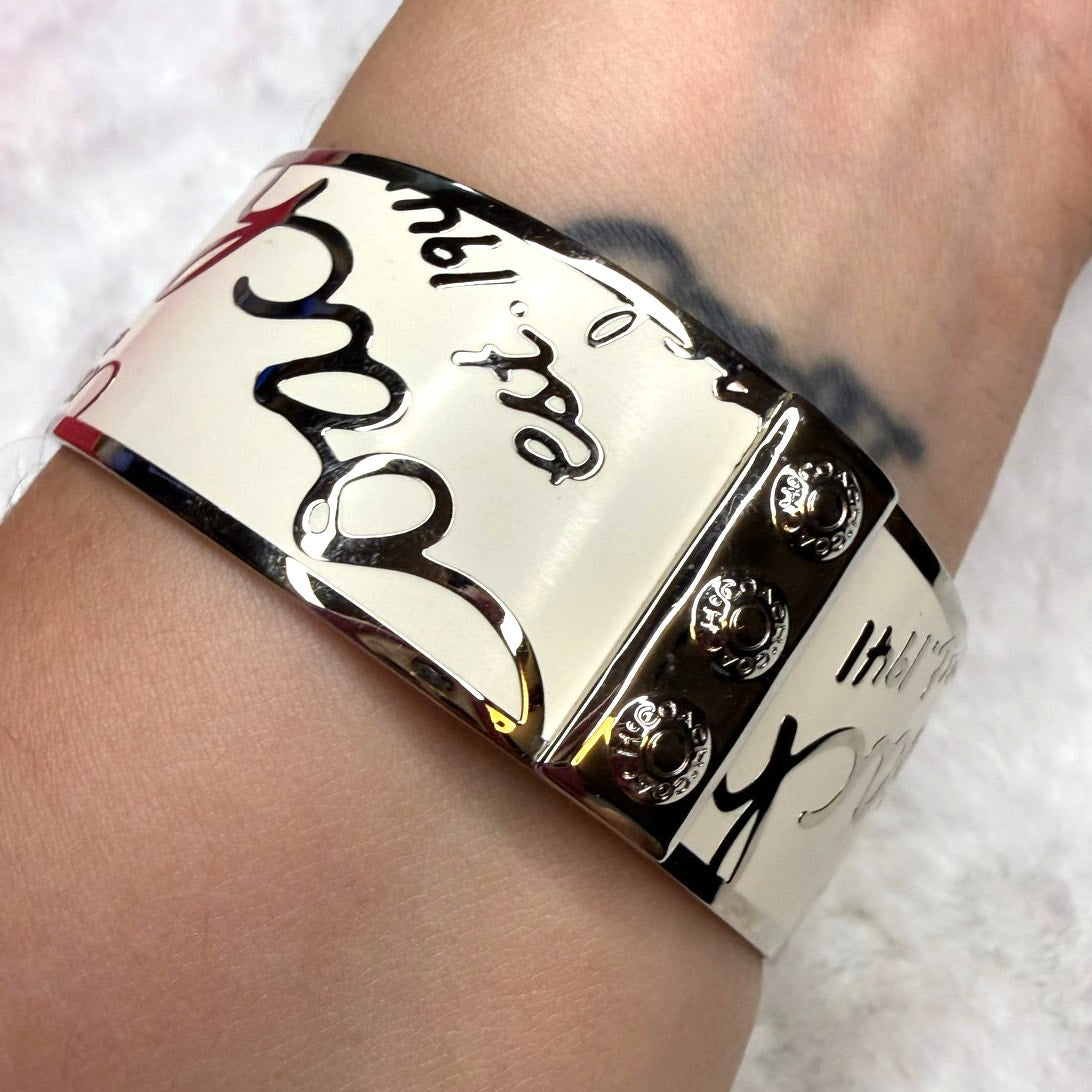 Coach Ivory Silver Cursive Logo Enamel Metal Studded Bangle Bracelet