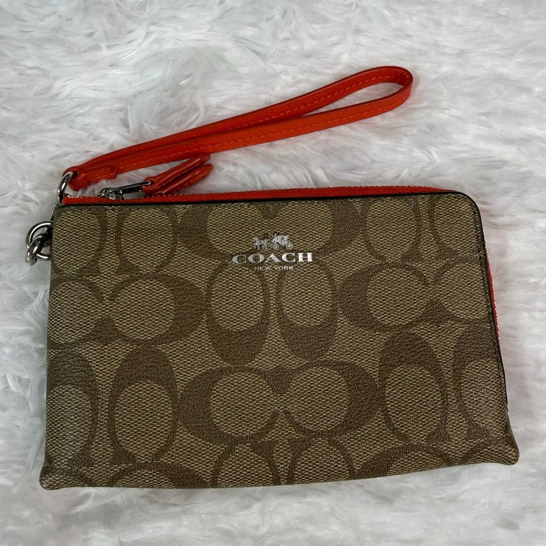Sale COACH Brown Signature Coated Canvas Wristlet