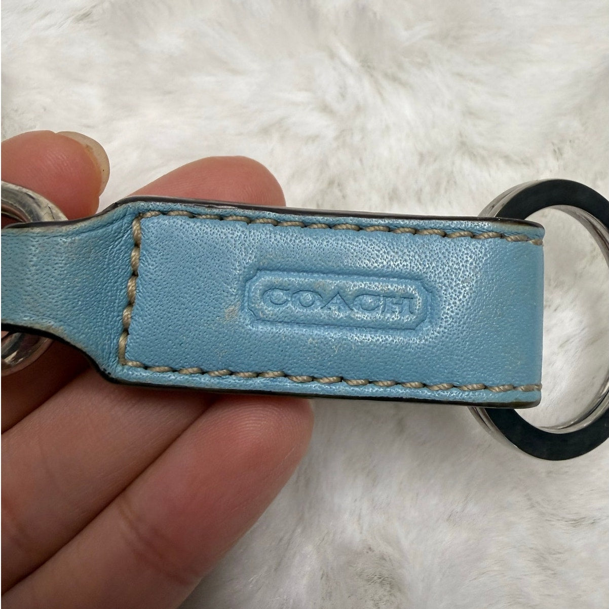 Vintage Coach Trigger Snap Key Fob Keychain Blue Leather Silver
