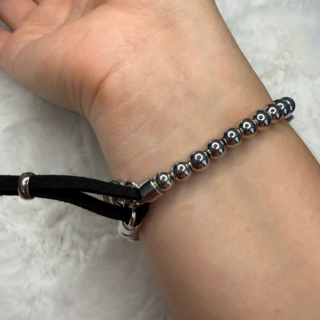 Michael Kors Silver Black Beaded Tag Bracelet