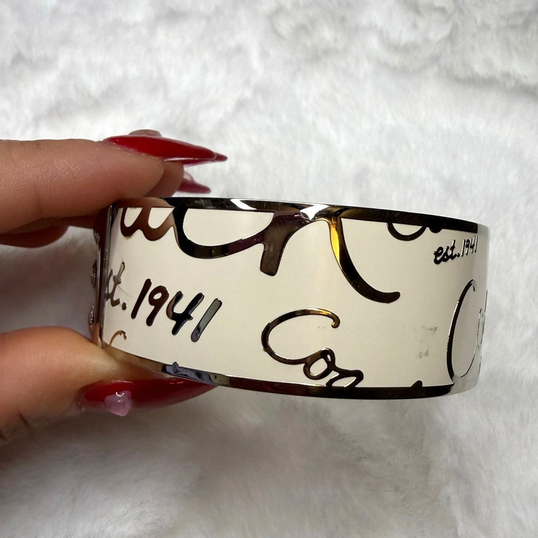 Coach Ivory Silver Cursive Logo Enamel Metal Studded Bangle Bracelet
