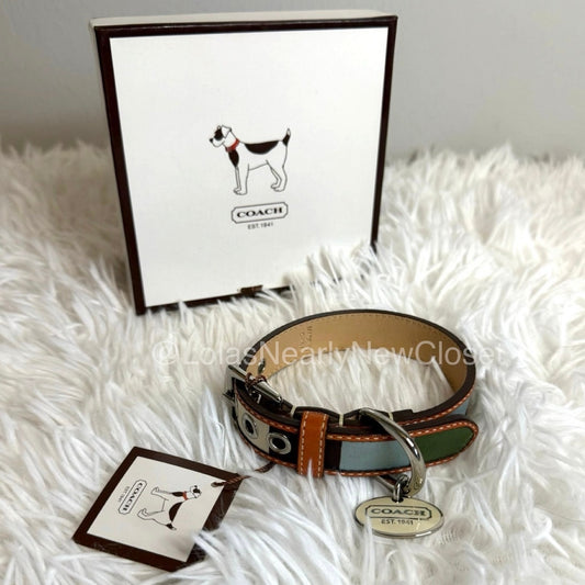 NWB y2k COACH Legacy Stripe Leather Dog Collar XS w COACH Charm Limited Ed Rare