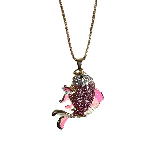 BETSEY JOHNSON Pink Rhinestone Lovely Carp Fish Pendant Chain Necklace
