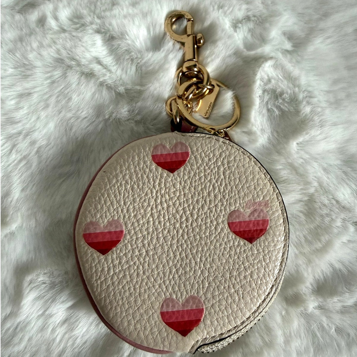 COACH Circular Coin Pouch With Heart Print Bag Charm Key Fob
