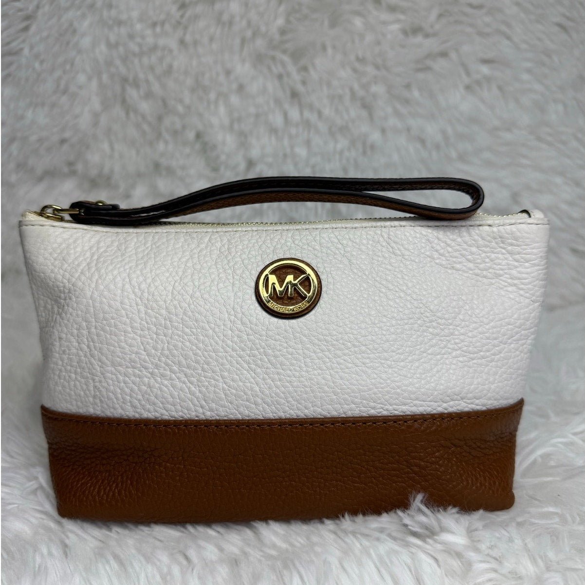 Michael Kors Brown White Cosmetic Case Pouch Wristlet