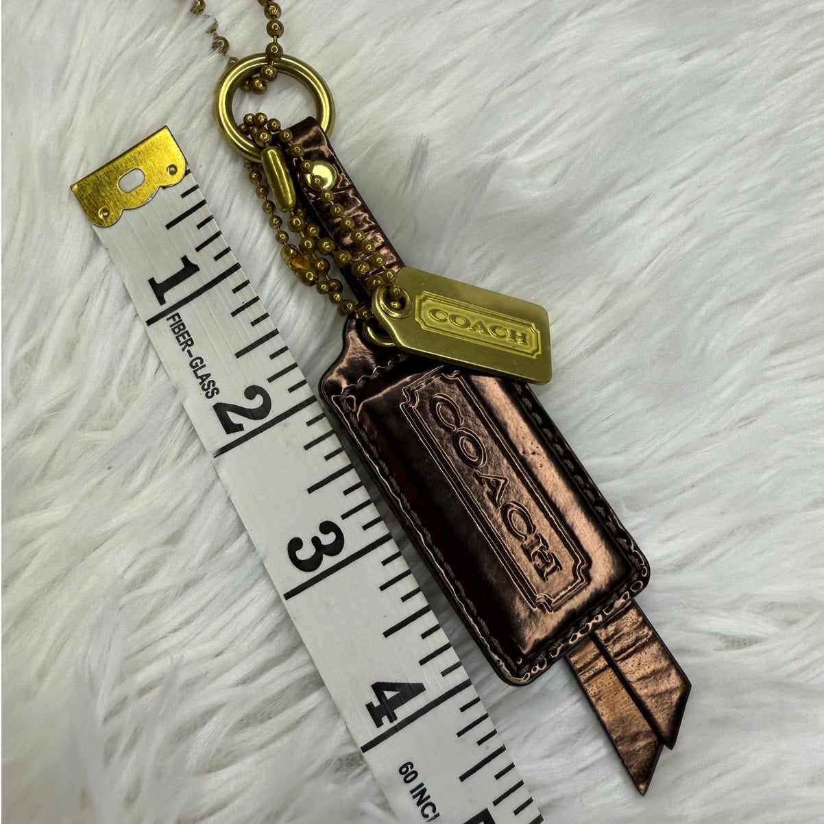 y2k COACH Bronze Brown Brass Patent Leather Hangtag Hang Tag Fob Set
