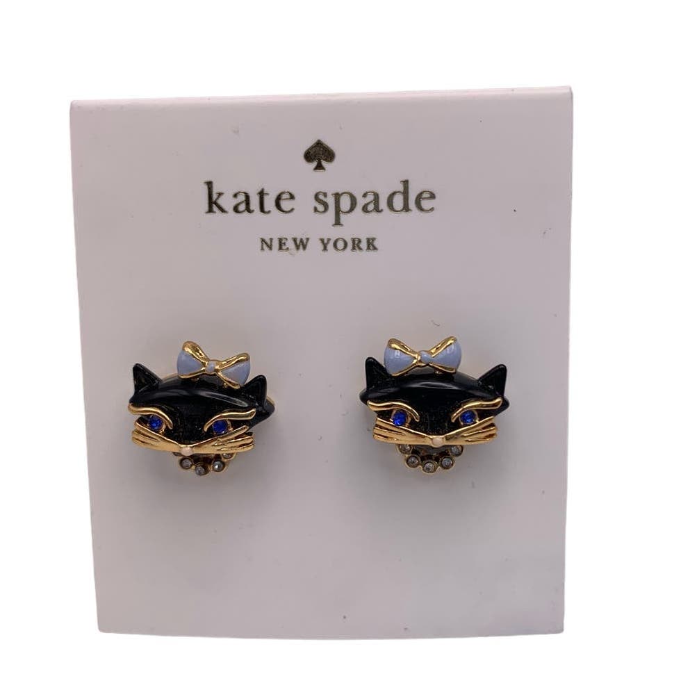 NWT Kate Spade New York Gold-tone Crystal and enamel Black Cat Stud Earrings