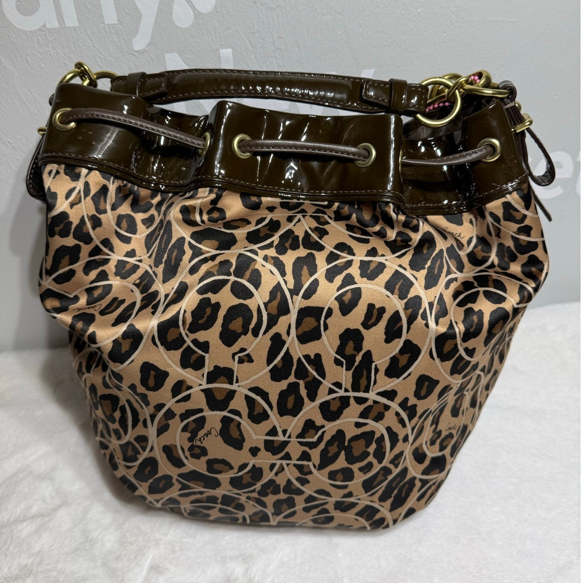 Coach Madison Ocelot OP Art Marielle Patent Leather Trim Bucket Drawstring Bag