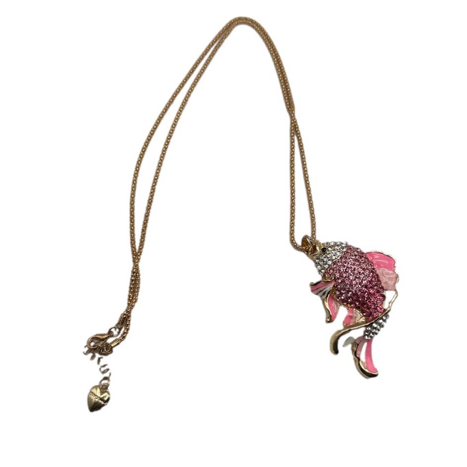 BETSEY JOHNSON Pink Rhinestone Lovely Carp Fish Pendant Chain Necklace