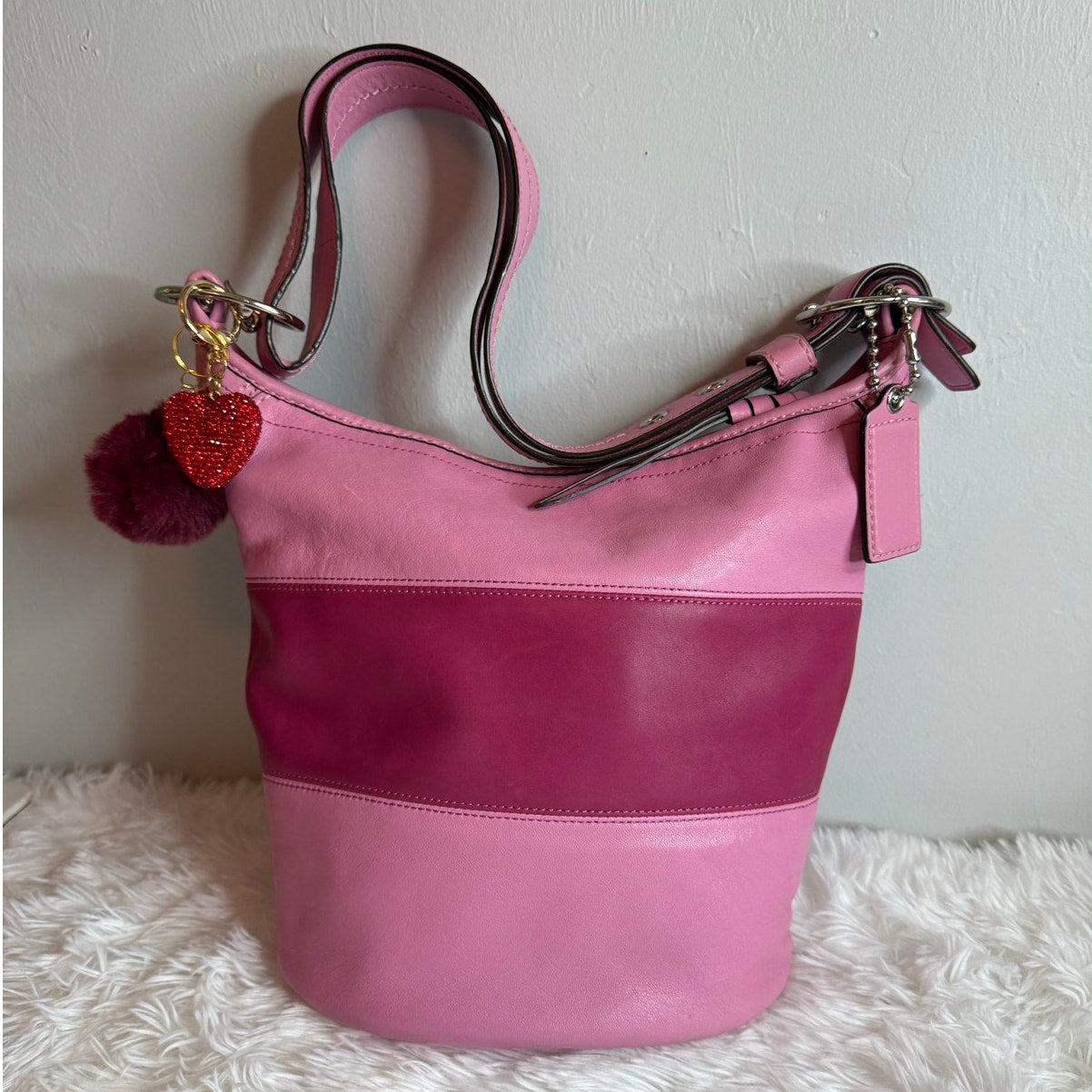 COACH Rugby Stripe Pink Leather Duffle Crossbody Shoulder Bag F13357