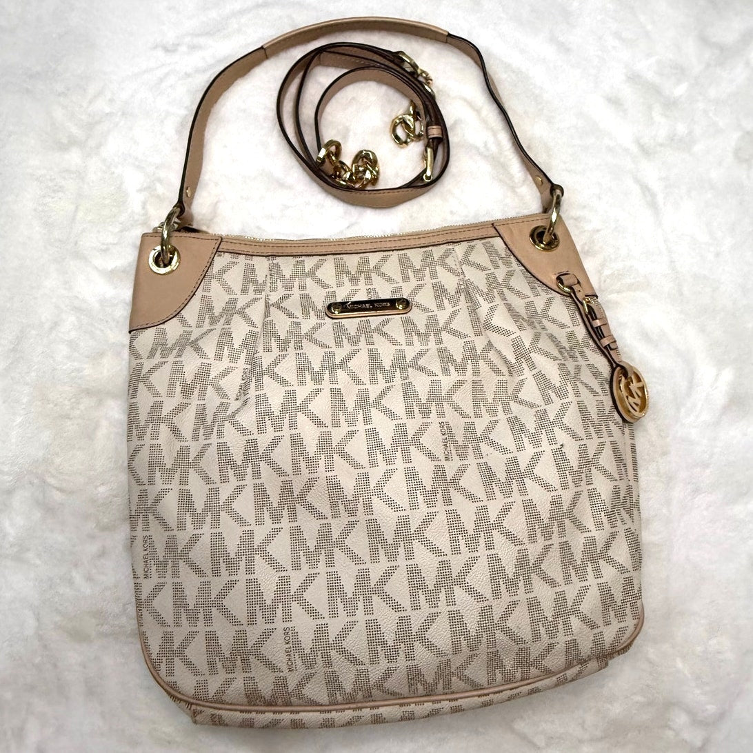SALE Michael Kors Shoulder Bag Jet Set Monogram White Tan Signature Crossbody