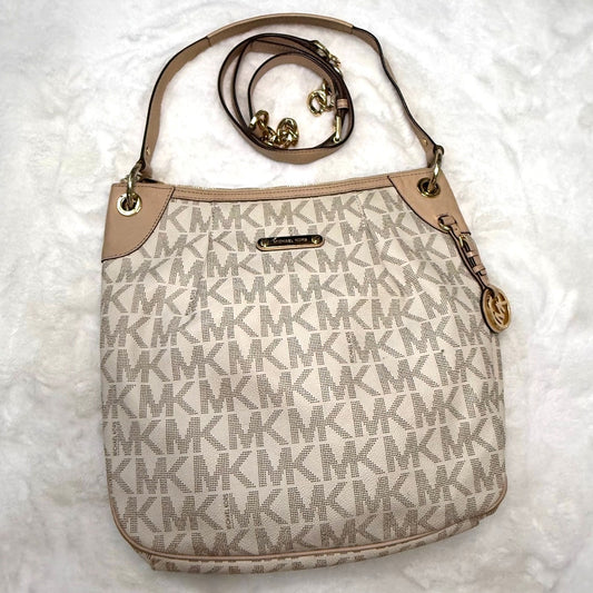 SALE Michael Kors Shoulder Bag Jet Set Monogram White Tan Signature Crossbody