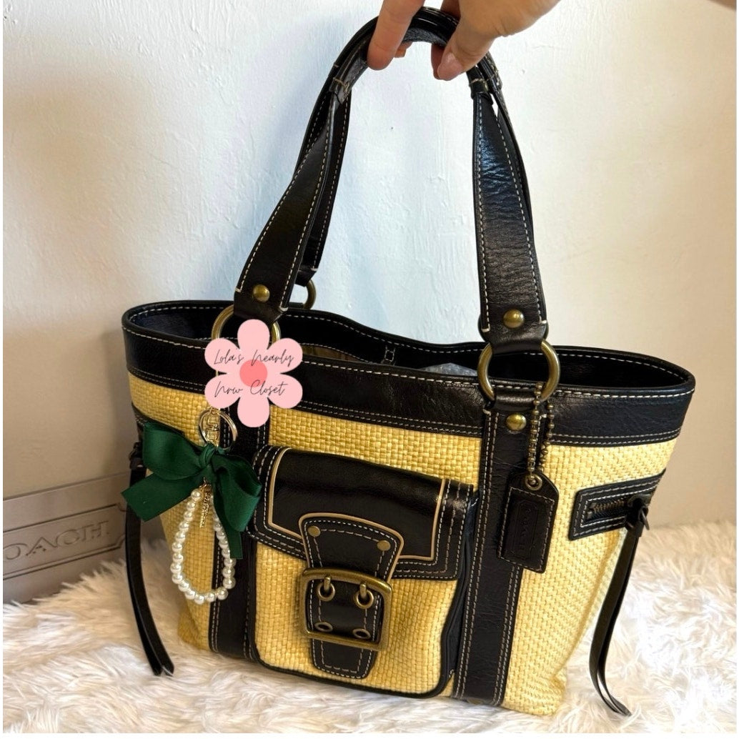 Vintage COACH y2k Black Natural Legacy Straw Tote Bag