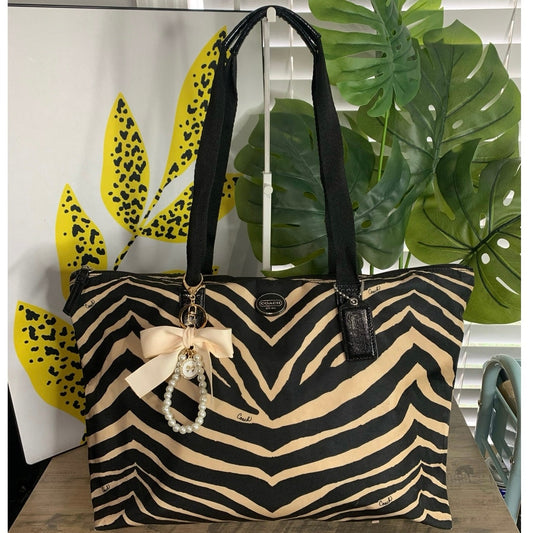 Coach y2k Devin Black Tan Zebra Print Nylon Overnight Tote Pouch