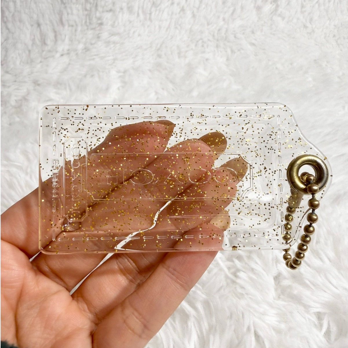 3" COACH Poppy Gold Glitter Clear Fob Bag Charm Hang tag Hangtag