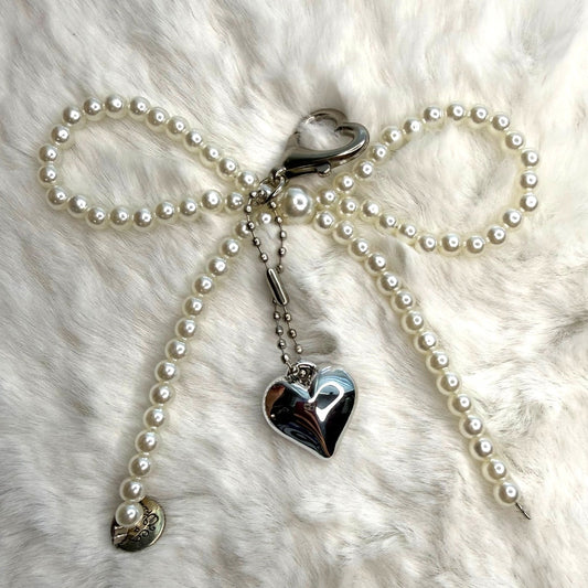 White Bowknot Heart Sweet Charm Pearl Bow Bag Charm Fashion Charm