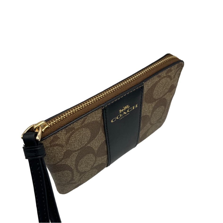 COACH Black and Brown Signature Coated Canvas Wristlet