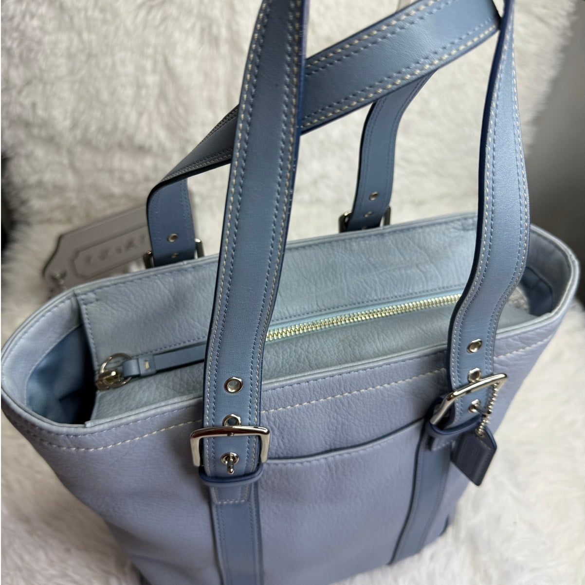 COACH y2k Blue Pebbled Leather Tote Shoulder bag